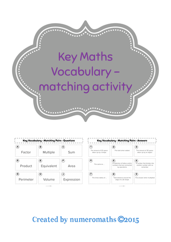 Key Maths Vocabulary - Matching Activity