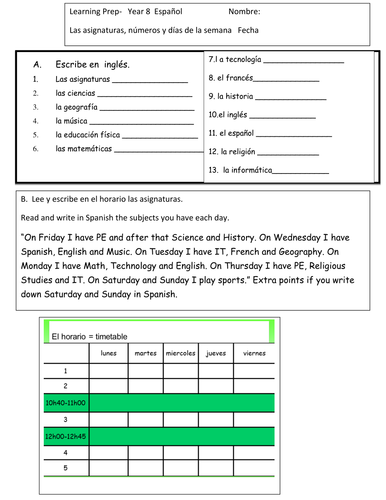 Subjects and days of the week assessment