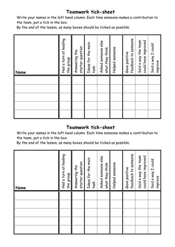 Teamwork Ticksheet