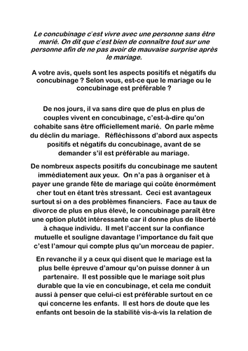 Y12 AS French Model Essay - Le concubinage ou le mariage?
