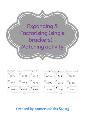 Expanding / Factorising (single brackets) - Matching activity