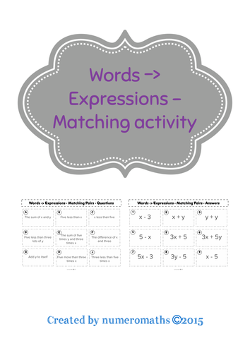 Words to expressions - matching activity - algebra