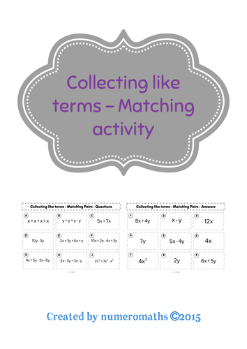 Collecting like terms - matching activity