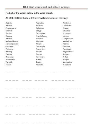 Diet, Exercise, Hormones Giant Wordsearch