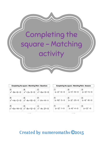 Completing the Square - Matching activity