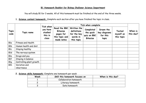 B1 OCR Gateway Homework Booklet