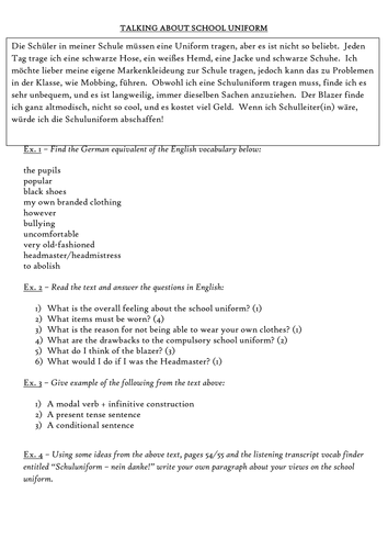 GCSE German - Talking about school uniform