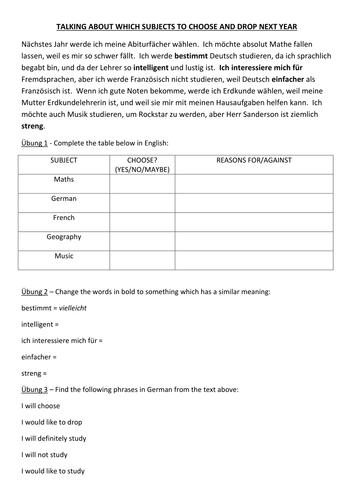 GCSE German - Talking about which subjects to choose and drop next year