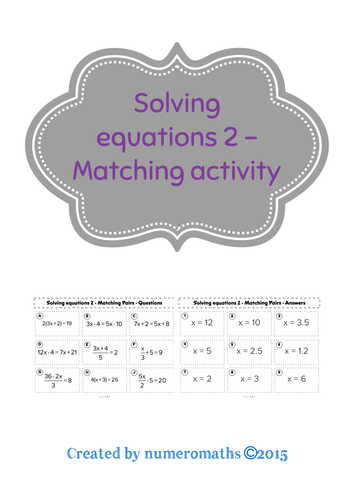 Solving Linear equations (unknowns on both sides & fractions) - Matching activity