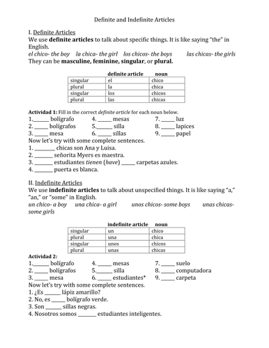 Spanish Definite And Indefinite Articles Worksheet Teaching Resources