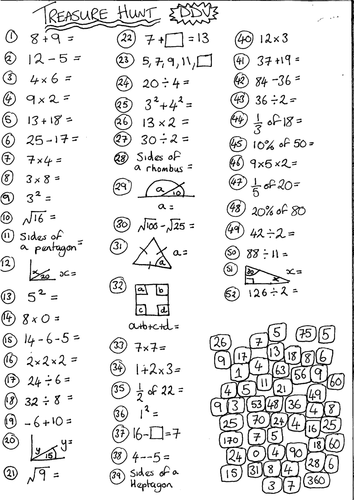 Mixed Bag MathsTreasure Hunt Revision Worksheet 