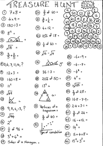 Mixed Bag Maths Revision worksheet Treasure Hunt DDV