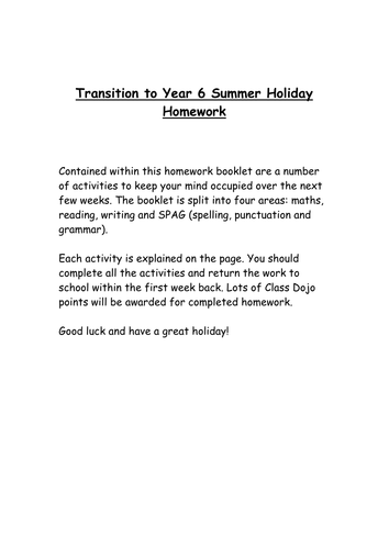 Summer Holiday Homework Booklet 