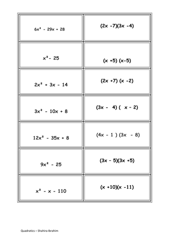 Matching cards for teaching quadratic equations