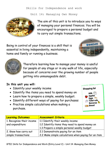 BTEC (E2) Unit 14: Managing Own Money