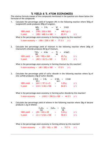 Percent Yield Calculations Worksheet Answers