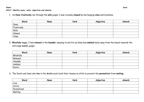Worksheets Noun Verb Adjective Adverb Worksheet identify nouns verbs adjectives and adverbs by chloef23 teaching resources tes