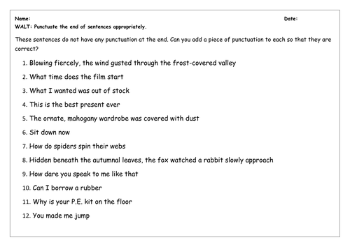 SPaG Worksheet: Full Stops, Question and Exclamation Marks