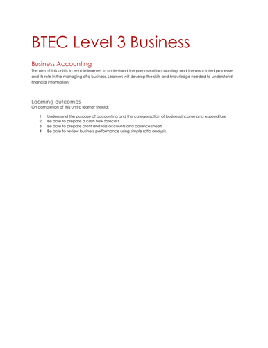Business Accounting (Unit 5) BTEC National Business Assignment