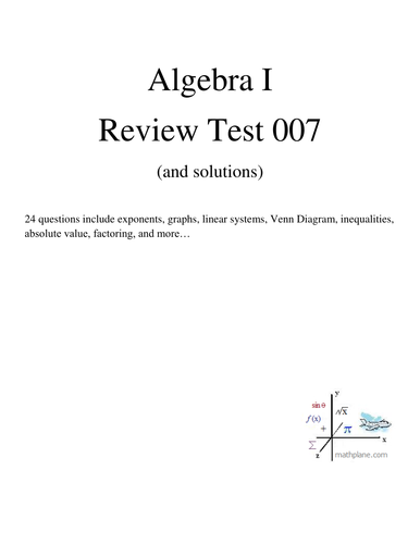 Algebra 1 Review Practice Test By Mathplane Teaching Resources