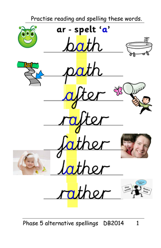 Phase 5 alternative spellings for 'ar' phoneme [father, half] ppt, cards, story and revision grid.