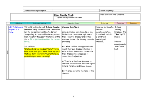 Kindergarten Literacy Unit using Dylan's Amazing Dinosaurs
