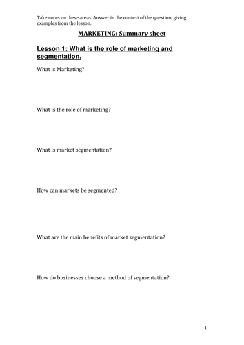 Marketing template for student note-taking