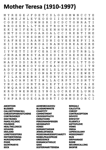 Mother Teresa Word Search