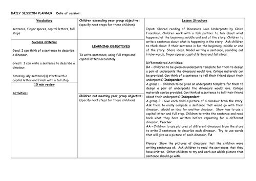 Dinosaurs Love Underpants Literacy/English Planning and 