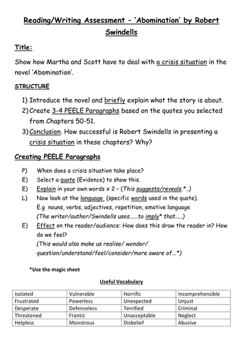 ‘Abomination’ by Robert Swindells - Reading/Writing Assessment