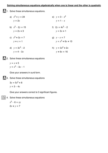 Printables Simultaneous Equations Worksheet solving simultaneous equations algebraically when one is linear and the other quadratic by mariomonte40 teaching resources te