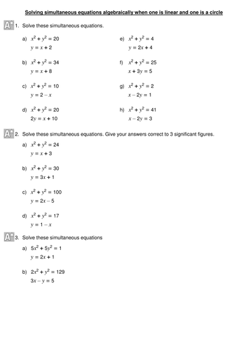 Solving Simultaneous Equations Algebraically When One Is Linear And One Is A Circle Teaching Resources