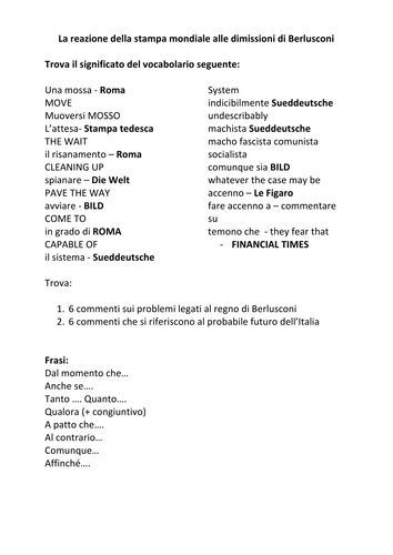 Italian A level. La reazione della stampa mondiale alle dimissioni di Berlusconi. 