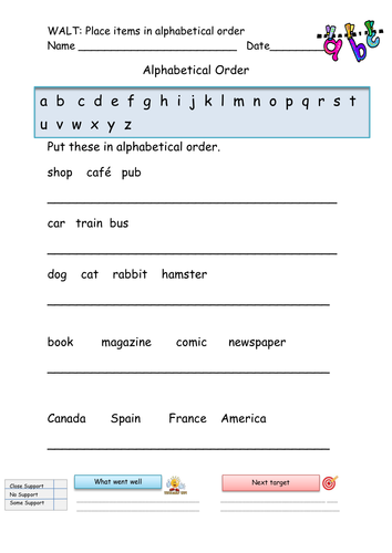 Alphabetical Order to the First Letter Worksheet