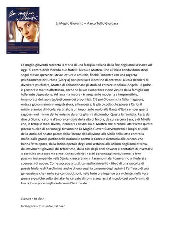 Italian A Level / Post 16. La meglio gioventu - domande e esercizi.