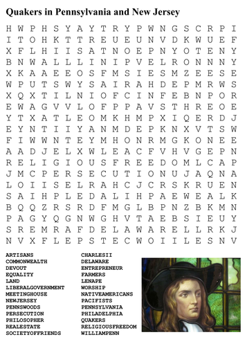 Quakers in Pennsylvania and New Jersey Word Search