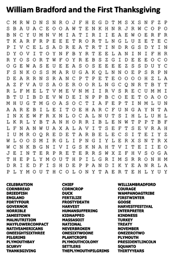 William Bradford and the First Thanksgiving Word Search