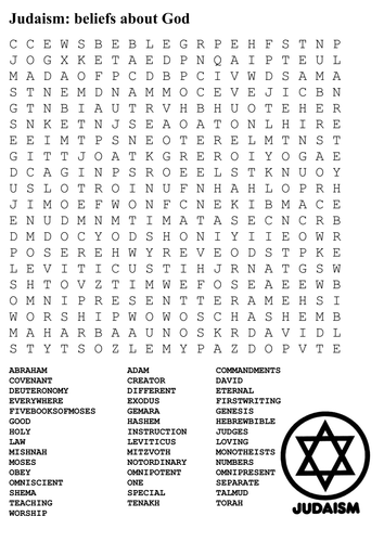 Judaism: beliefs about God Word Search by sfy773 