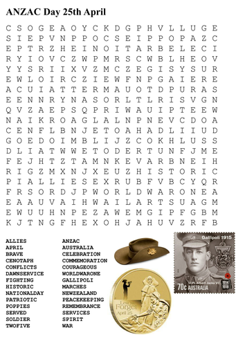 ANZAC Day Word Search and Crossword