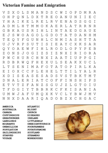 Victorian Famine and Emigration Word Search