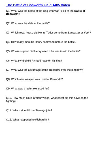 The Battle of Bosworth Field 1485 Video Question Sheet