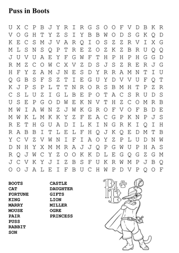 Puss in Boots Word Search and Color
