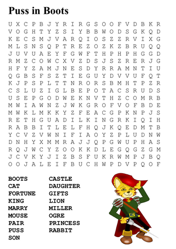 Puss in Boots Word Search and Color