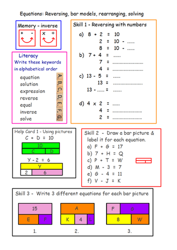 Equations Intro : Reversing, bar models, rearranging then solving