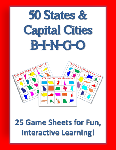 50 States & Capital Cities BINGO - 25 Full-Color Game Sheets