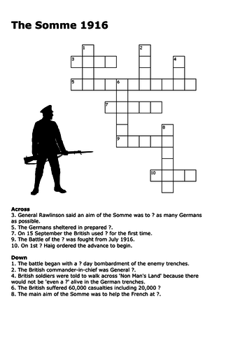 The Battle of the Somme 1916 Crossword