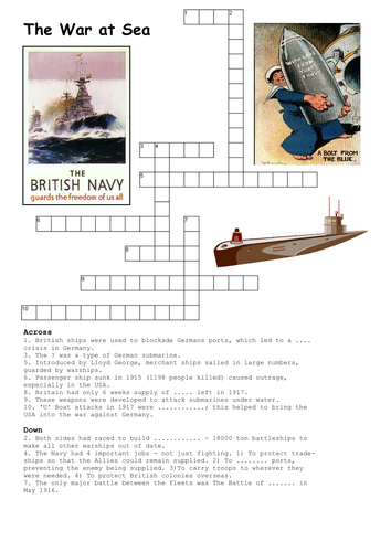 The War at Sea World War One Crossword