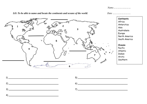 Printable Continents And Oceans Worksheet