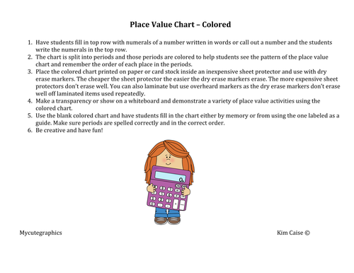 Place Value Chart Activity - Colored Chart