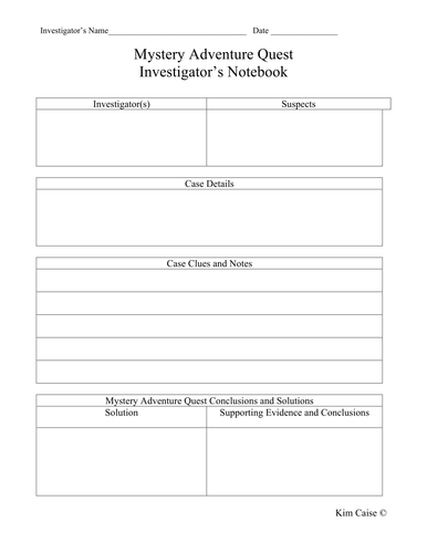 Mystery Investigator Notebook Record Sheet